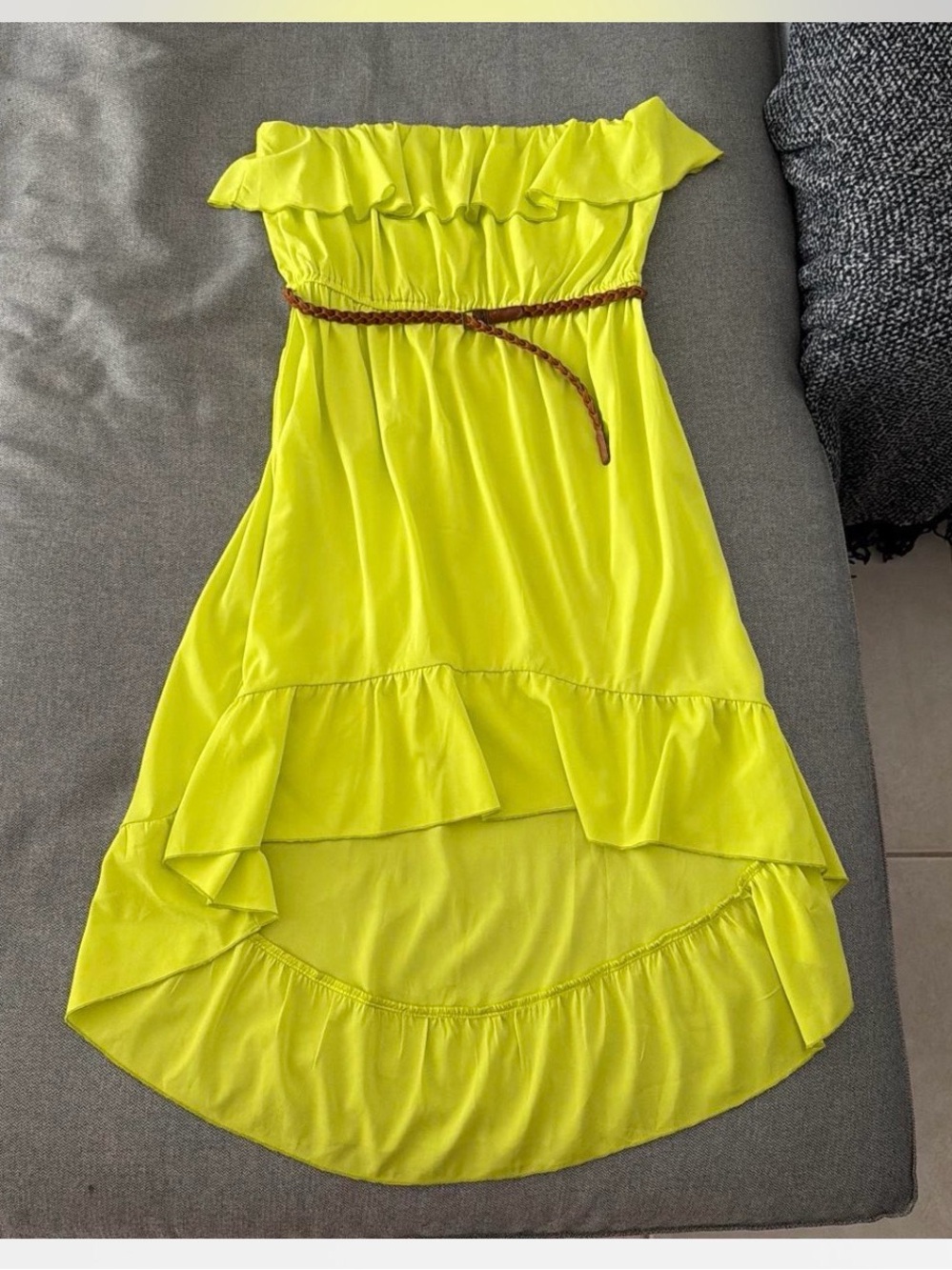 Neon green Ruffle High-Low Dress with Belt